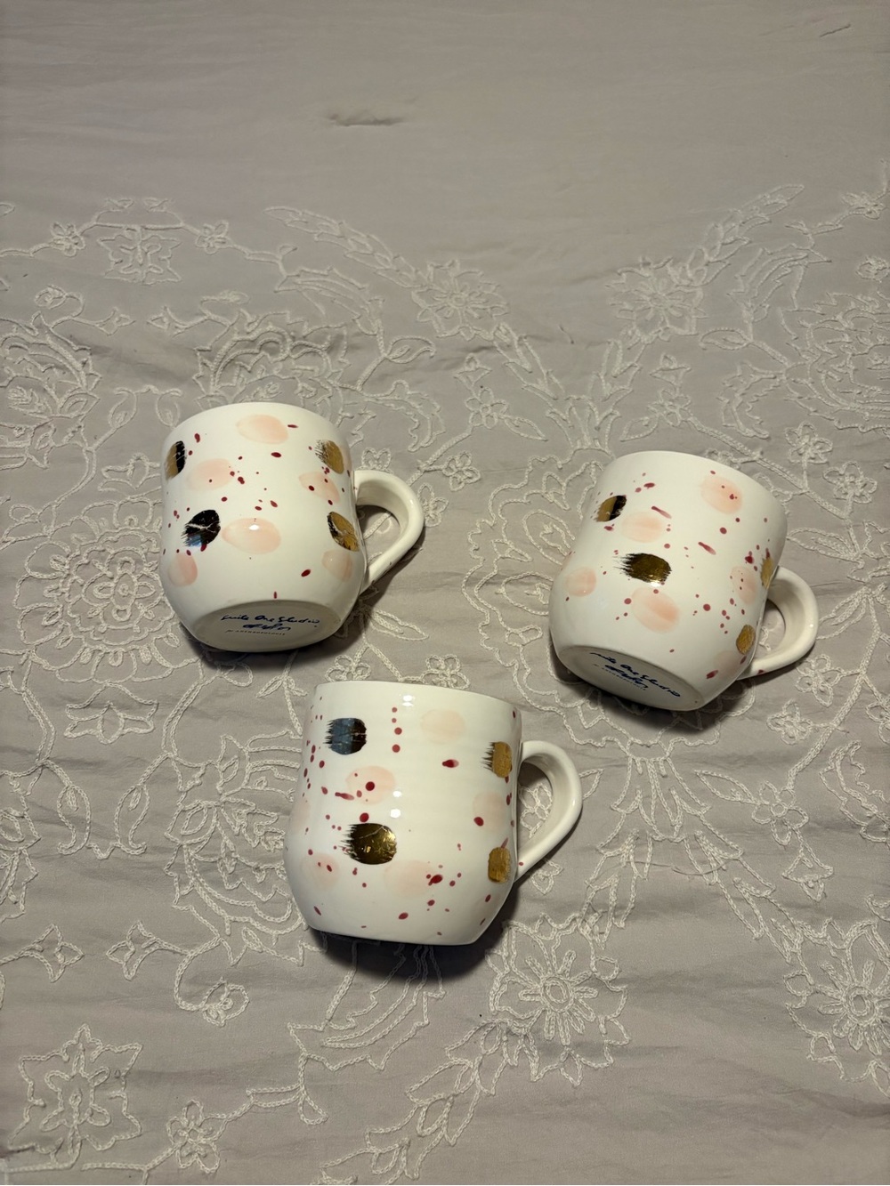 Anthropologie White Mugs with Pink and Gold Dot Accents - 3 Pack